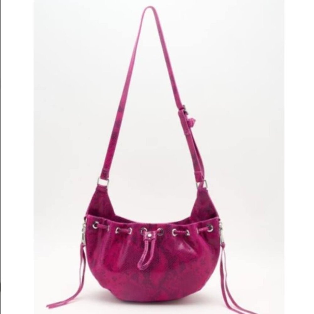 NWT Aimee Kestenberg Serene Leather Drawstring Crossbody, Magenta Cobra